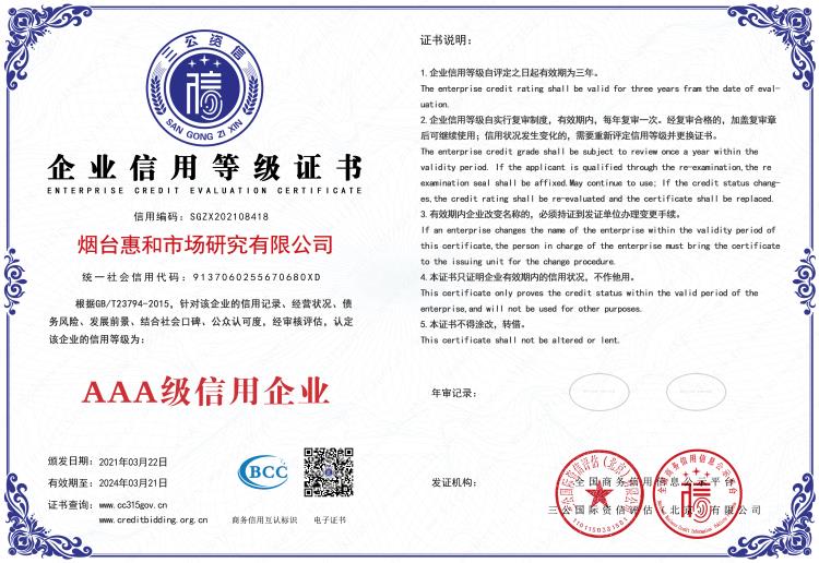 喜讯：烟台惠和市场研究有限公司成功通过“AAA级信用企业”认证